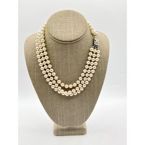 Vintage 3 Strand Hand Knotted Faux Pearls Rhinestones On Clasp